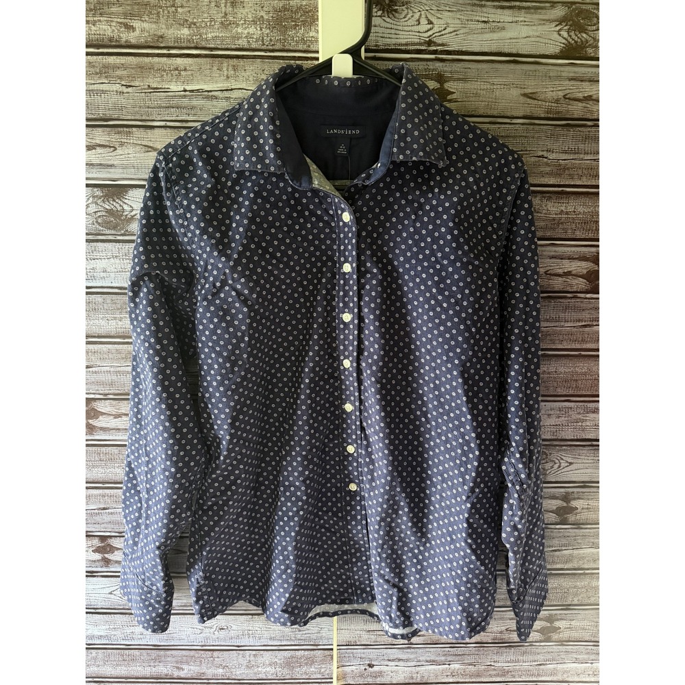 Lands End Women's Long-Sleeved Button-Down Corduroy Shirt Size M Blue Print NWT